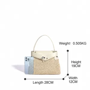 Sac à main en paille et cuir cabas bandoulière élégant été plage sac épaule chic 28cm