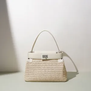 Femme Décontracté Paille Tissée Cuir Patchwork Sac à Main Élégante Structure Vacances