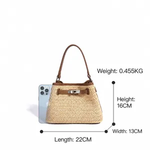 Woven straw leather handbag stylish Kelly style shoulder bag with top handle and metal lock