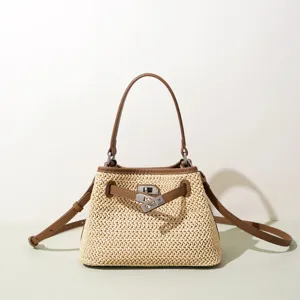 Straw woven leather patchwork handbag stylish casual shoulder crossbody tote bag.
