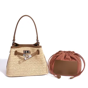 Woven Straw Handbag Leather Patchwork Bucket Bag Chic Casual Crossbody Tote Purse