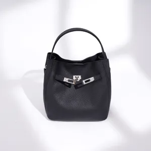 Minimalist Genuine Leather Bucket Bag For Women Top Handle Shoulder Crossbody Bag With Metal Lock Commuter Handbag