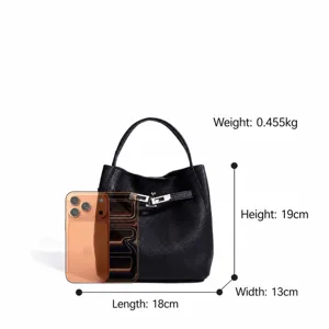 Classic leather bucket bag with top handle and lock closure, compact size for daily commuting.