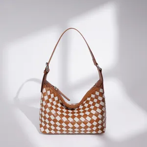 Braun-weiße gewebte Hobo Schultertasche stilvolle Leder Pendler Umhängetasche für Damen.