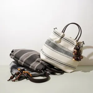 Ethnische gestreifte Baumwoll-Leinen Handtasche mit Holzperlen Anhänger Damentasche Shopper