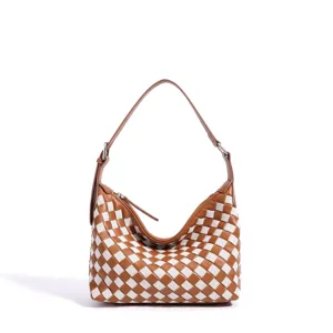 Braune und weiße gewebte Schultertasche für Damen, stilvolle Leder Hobo Bag für Alltag.