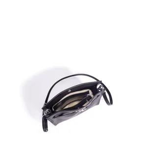 Bolso cruzado de hombro para mujer en cuero negro estilo Kelly vista superior principal.