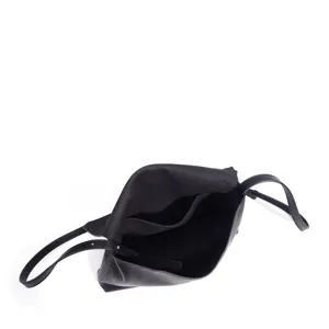 Black leather crossbody bag open top view with spacious interior compartments and shoulder strap.