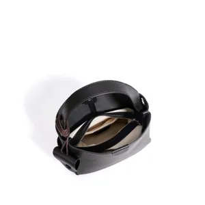 Black leather bucket bag open view showing inner pouch retro minimalist women crossbody bag