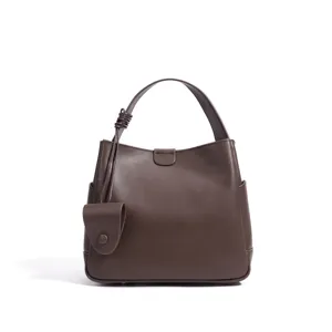 Dark brown leather bucket bag retro commuter shoulder bag with minimalist design for women