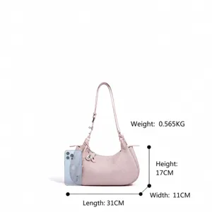 Sac à bandoulière croissant en cuir rose élégant pour femme, sac à main minimaliste chic