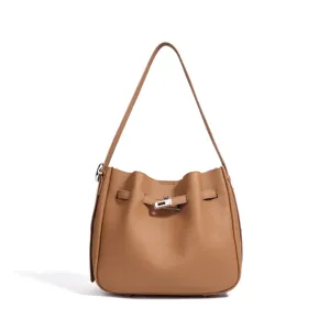 Bolso de hombro tipo cubo de cuero genuino para mujer, bolso informal retro con cierre.