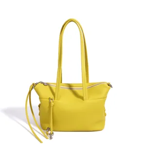 Bolso de cuero amarillo para mujer, elegante bolso de hombro con cremallera y borlas.