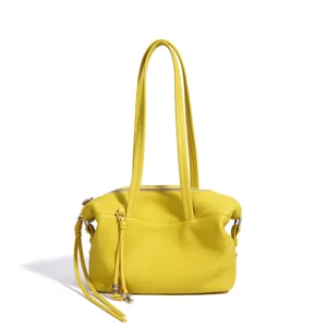 Bolso de hombro de cuero auténtico amarillo para mujer, bolso de mano suave con asas dobles.