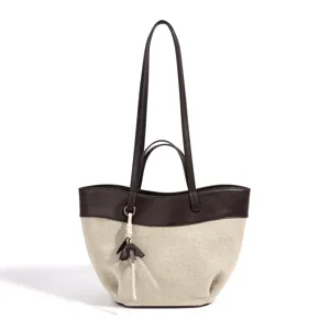 High capacity canvas shoulder bag, premium top layer cowhide leather splicing tote bag.
