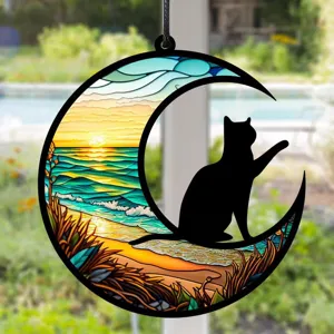 Buntglas Katze am Mond Fenster Henge Deko Sonnenfaenger, Sonnenuntergang Strand Geschenk.