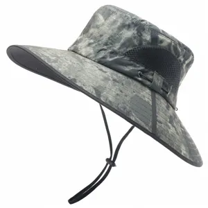 Detailed view of the wide-brim sun hat showing breathable mesh and adjustable chin strap.
