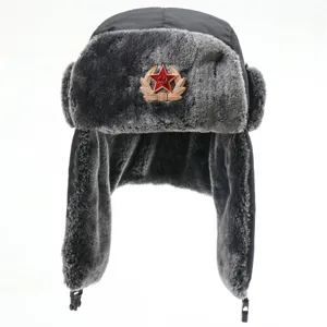 Thickened winter ushanka hat with Soviet red star badge, windproof waterproof outdoor cap.