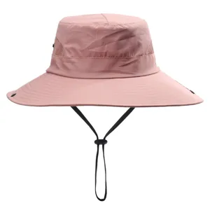 Summer outdoor sun hat with wide brim, breathable mesh and adjustable chin strap for hiking.