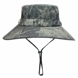 Wide brim sun bucket hat with breathable mesh and windproof chin strap for outdoor summer.