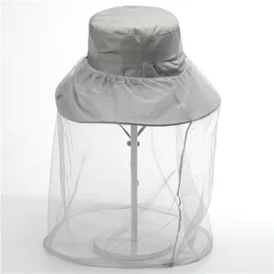 Outdoor anti-mosquito bucket hat with mesh veil, grey sun protection fishing cap for hiking