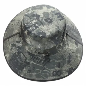 Detailed top view of camouflage sun bucket hat with breathable mesh and adjustable drawstring.
