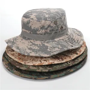 Detailed view of multi-color camo bucket hats, showing fabric and eyelet details clearly.