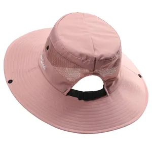 Pink outdoor sun hat with ponytail hole, breathable mesh and adjustable strap.