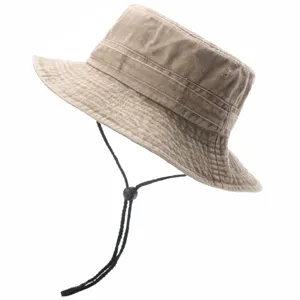 Washed cotton bucket hat for men and women, outdoor sun protection fishing cap with adjustable chin cord.