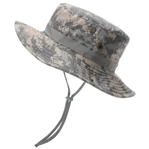 Close-up of digital camo bucket hat, showing breathable metal eyelets and adjustable cord.