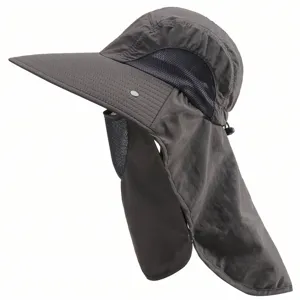 Detailed view of dark grey outdoor sun protection hat with mesh panel and neck flap.