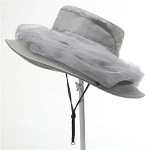 Detail view of grey outdoor sun hat with mosquito net mesh and adjustable chin strap cord.