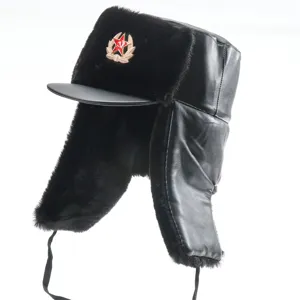 Winter warm PU leather ushanka hat with Soviet star badge, thick fleece ear-flap cap for cold out.