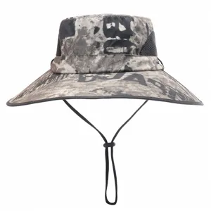 Outdoor sun protection bucket hat with wide brim, breathable mesh and adjustable chin strap.