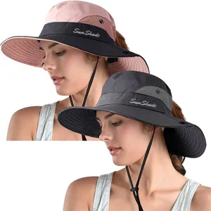 Detail view of outdoor sun hat with ponytail hole and breathable mesh, excellent for summer hiking.