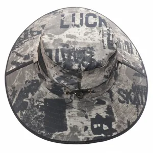 Closeup detail of camouflage sun hat with wide brim, breathable mesh and adjustable toggle.