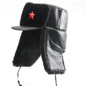 Winter warm PU leather ushanka hat with ear flaps and red star badge for outdoor cycling cold
