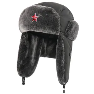 Soviet style winter ushanka hat with red star badge, thick windproof warm bomber hat.