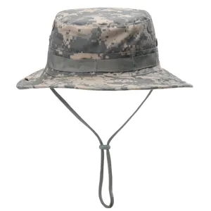 Detail view of the camouflage bucket hat, showing the adjustable chin strap and breathable eyelets.