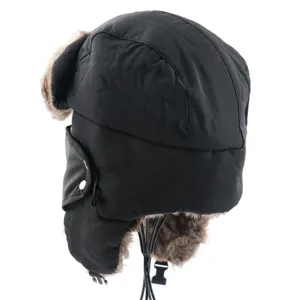 Winter thermische Bombermuetze schwarz winddicht Outdoor Reiten Ohrenklappenmuetze Kunstfell