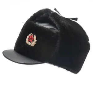 Winter faux fur ushanka hat with Soviet red star badge, thick warm windproof bomber cap for outdoor.