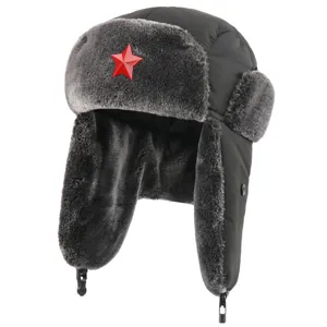Thickened windproof ushanka hat with red star badge, warm winter bomber hat for outdoor.