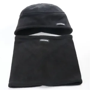 Black fleece beanie and neck warmer set for winter outdoor windproof cold protection.