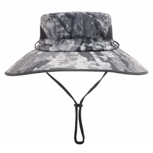 Grey camouflage sun hat with wide brim, breathable mesh and adjustable chin strap for outdoor.