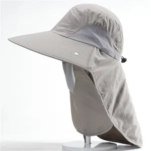 Outdoor sun hat detail showing breathable mesh panels, wide brim, and protective neck flap.