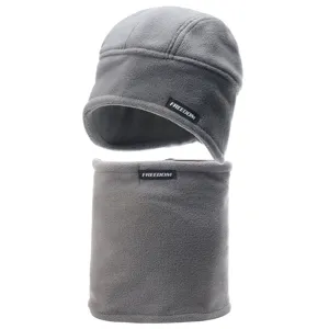 Grey fleece beanie and neck warmer set detail, thick thermal winter outdoor gear.