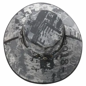 Top-down detail of the grey camouflage bucket hat showing the wide brim and adjustable drawstring.