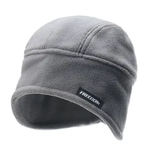 Detail view of the gray fleece winter thermal windproof earflap cap, soft cozy outdoor gear.