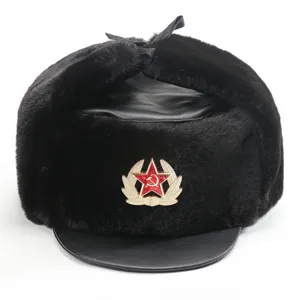 Soviet Badge Trapper Hat Winter Warm PU Leather Fur Earflap Bomber Hat Black New