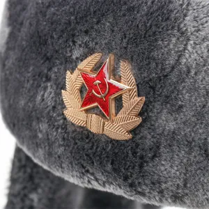 Thickened Soviet badge Ushanka hat, warm faux fur winter earflap hat for outdoor cold weather.